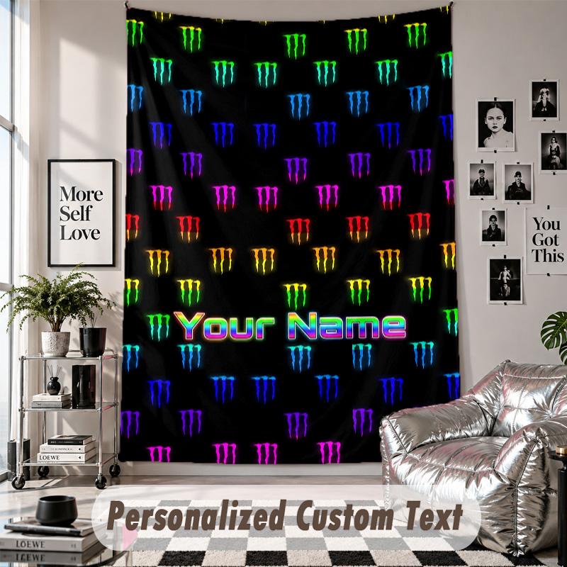 Wall Hanging Tapestry With Custom Name & Text, Monster Energy Decorative Tapestry For Bedroom