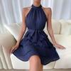 Autumn Winter Women Sleeveless High Waist A-Line Dress Solid Color Halter Casual Knee-Length Ruffled Edges