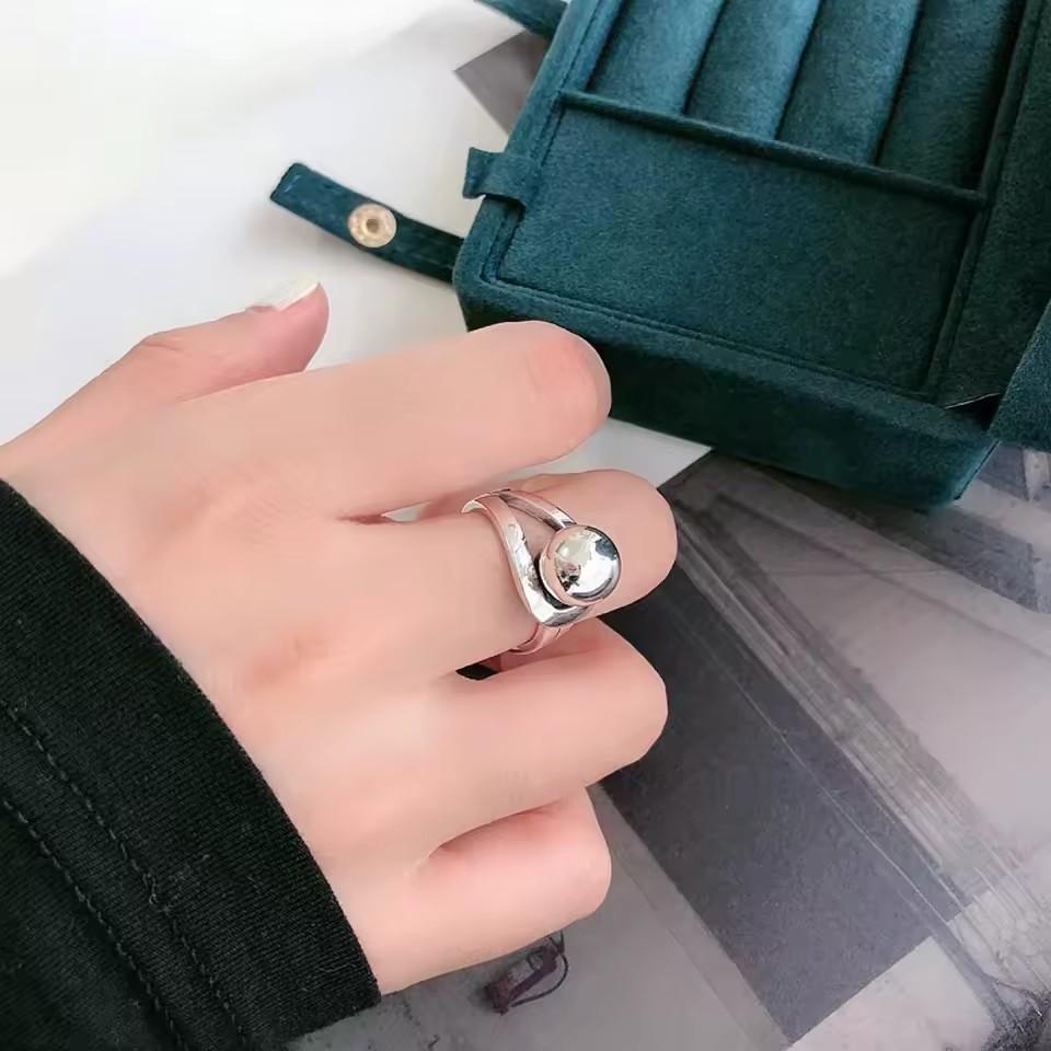 Sam Panda 925 Silver Simple Ring For Women Fine Jewelry Finger Adjustable Open Vintage Big Ball Ring For Party Birthday