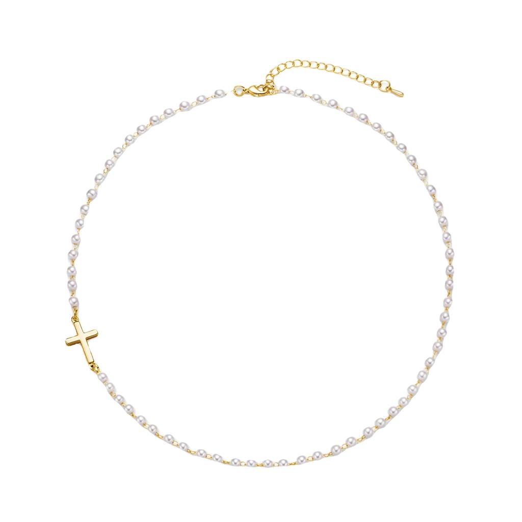 Exquisite and Simple Cross Necklace Women's Single-layer Imitation Baroque Pearl Handmade Pearl Necklace Women