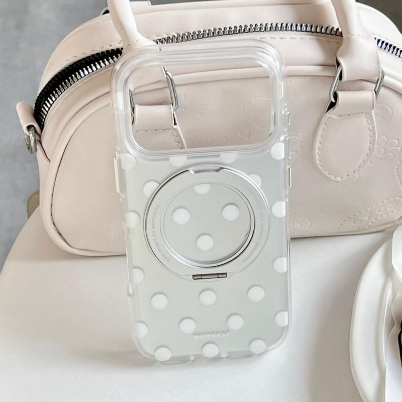 Transparent Matte Phone Case With White Polka Dots IPhone 17 16 Pro Max 15 Series 360 Rotating Stand Soft TPU Shockproof Cover