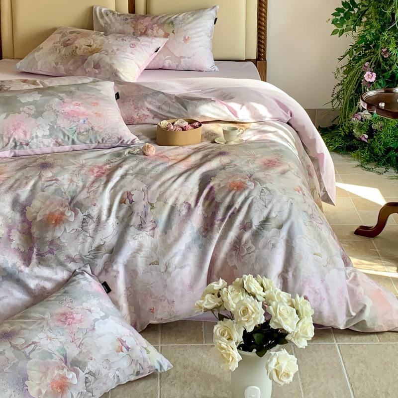 French Pastoral Oil Painting Style 100S Pure Cotton Satin Long-Staple Cotton Four-Piece Digital Printing Bedding