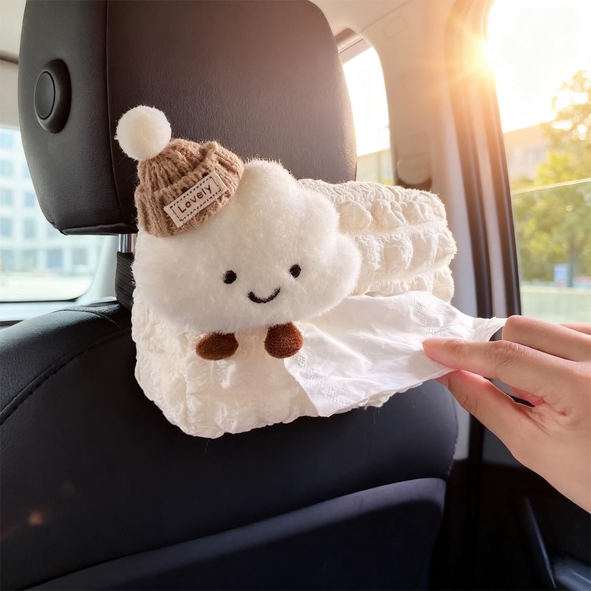 

1 Pack Adorable Plush Cloud Car Tissue Holder Bow Knit Hat Car Headrest Tissue Box for Women Girls Auto Interior Decor