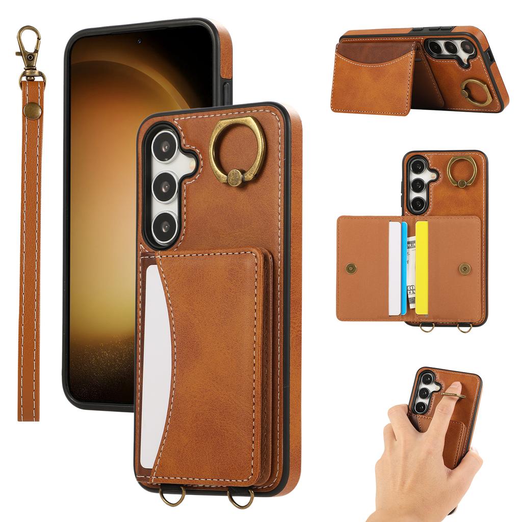 For Samsung Galaxy S24 PU Leather Back Case Card Holder Kickstand Phone Cover with Wrist Strap