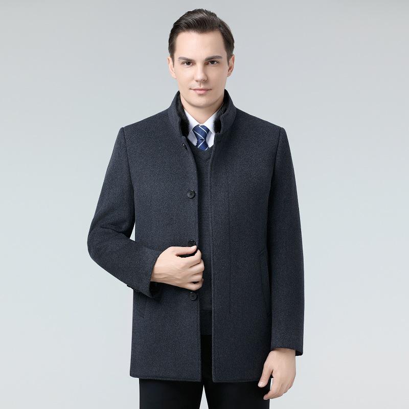 Men's Double-Faced Wool Coat with Detachable Down Lining, Wool Blend, Stand and Fur Collars, for Middle-Aged and Elderly.