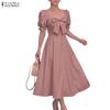 ZANZEA Women Elegant Square Collar Casual Short Sleeve Long Dress