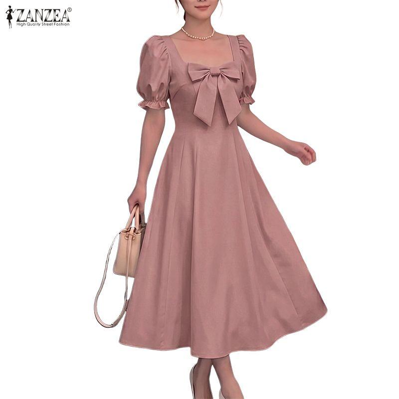 ZANZEA Women Elegant Square Collar Casual Short Sleeve Long Dress