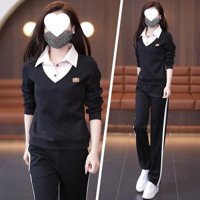 Spring and Autumn Casual Women's Long-sleeved Faux Two-piece Loose-fitting Versatile Slimming Straight-leg Pants Set