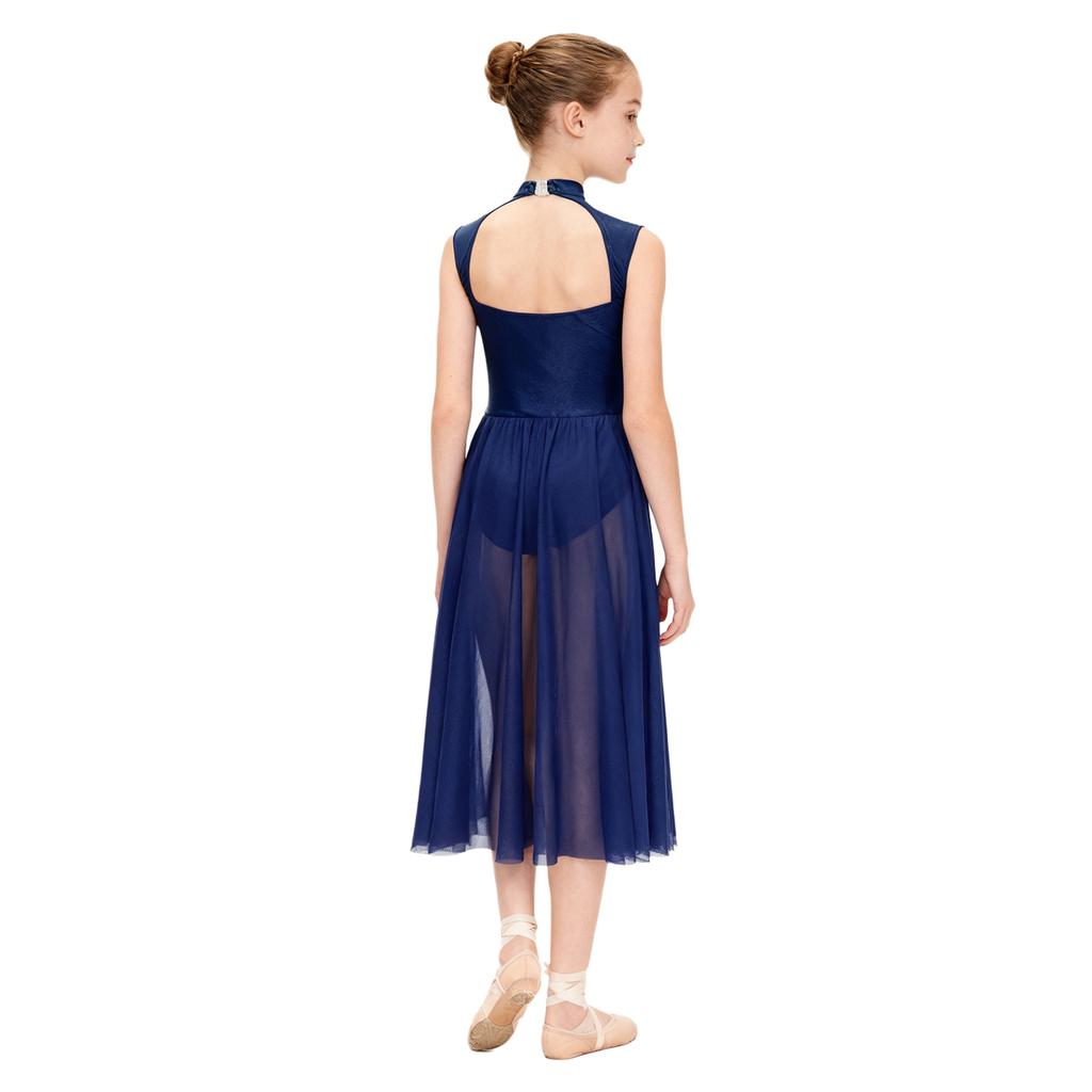 Kinder Mädchen Lyrisches Tanzkleid mit floralem Spitzen-Patchwork: Elegantes Stehkragen- und Cut-out-Rückendesign für Bühnenauftritte