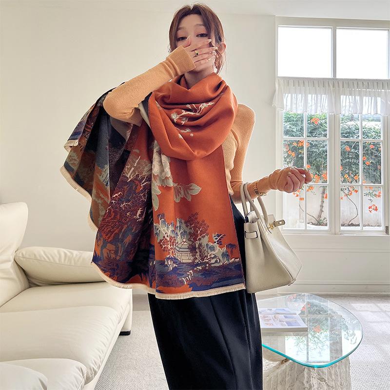 New Winter Imitation Cashmere Scarf for Women Literary  Light and Luxurious Style  Jiangnan Jacquard Scarf Plus Velvet Warm Shawl