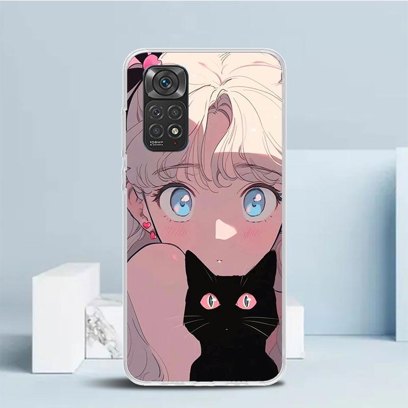 Anime Girls Cute Black Cat Phone Case For Xiaomi Redmi Note 15 14 14S 13 12S 12 Pro Plus 11S 11 11T 11E 10S 10 + Soft TPU Back C