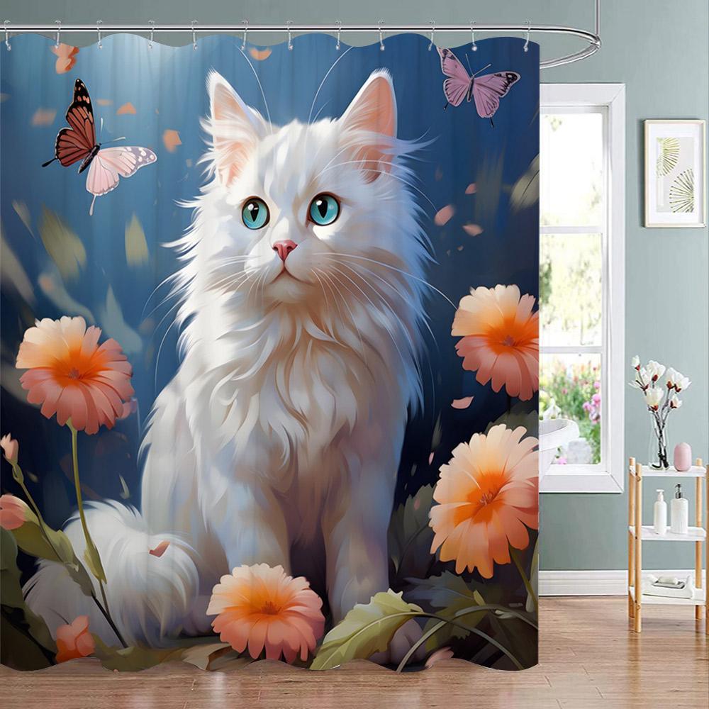 Funny Animal Shower Curtain Cute Cat in Flower with Butterfly Fluttering Polyester Fabric Washable Shower Curtain Bathroom Decor 90x180cm-35x70in