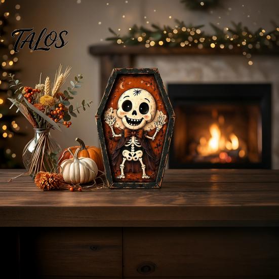 Spooky Fireplace Accents Vintage Halloween Wooden Table Decoration, Rustic Black Cat Ghost Skeleton Pumpkin Decorations Desktop Block Sign for