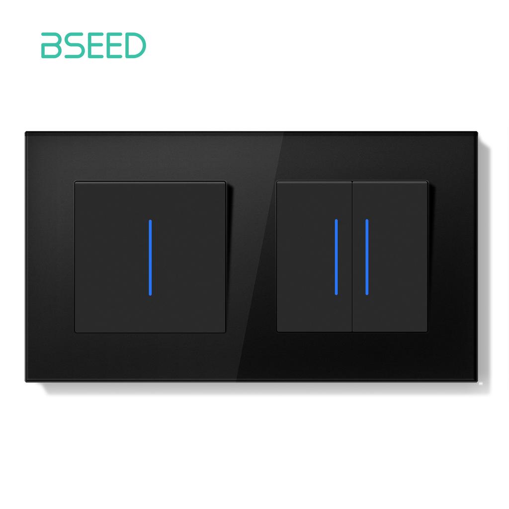 BSEED 1/2Gang Wall Light Switch Mechanical Double Button Switch 1Way With LED EU Sockets USB 20W Type-c Power Ports Glass Panels