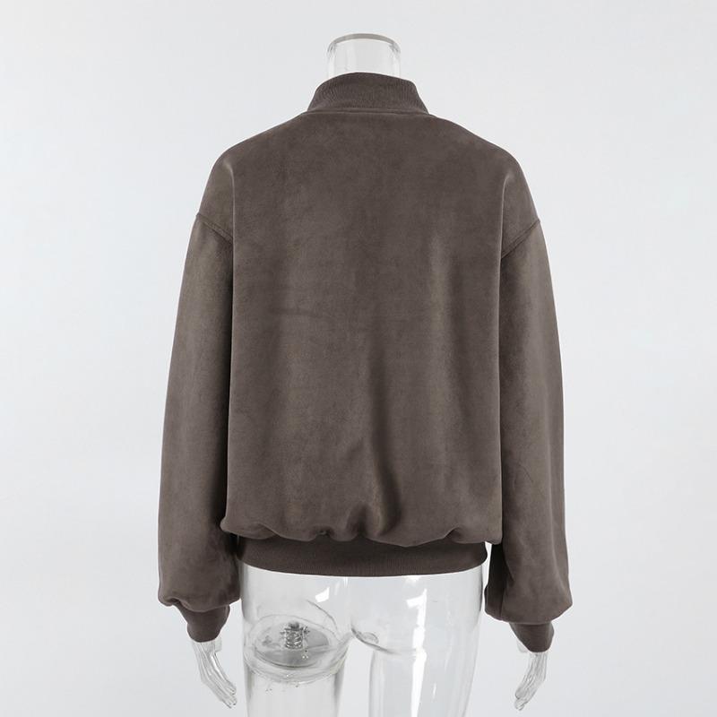 Giacca Bomber da Pilota da Donna Grigia Vintage con Collo Alto, Manica Lunga, Zip, in Pelle Scamosciata