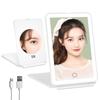 Tabletop LED Mirror with Light Folding Makeup Mirror with 3 Color Toning Adjustable and USB and 5x Magnification - Modes, Brightness, Angle, Charging,