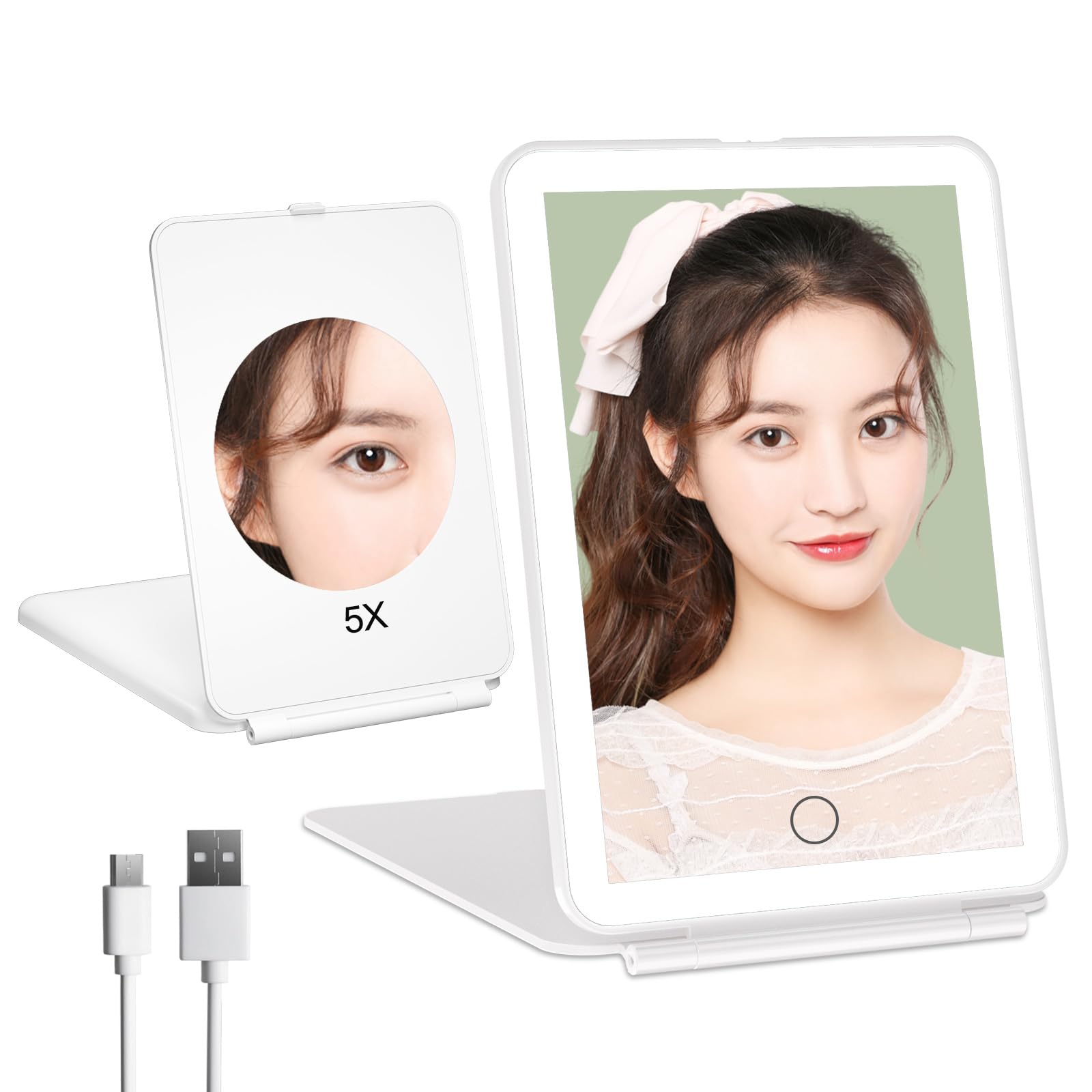 

Настольное светодиодное зеркало с подсветкой, складное зеркало для макияжа с 3 режимами цветовой тональности, регулируемое и с USB, и 5-кратным увеличением - Режимы, Яркость, Угол, Зарядка,