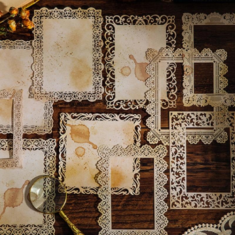 10-sheet Junk Journal Vintage Yellowed Coffee Dyed Hollow Lace Material Paper DIY Scrapbooking Collage Diary Album Decor
