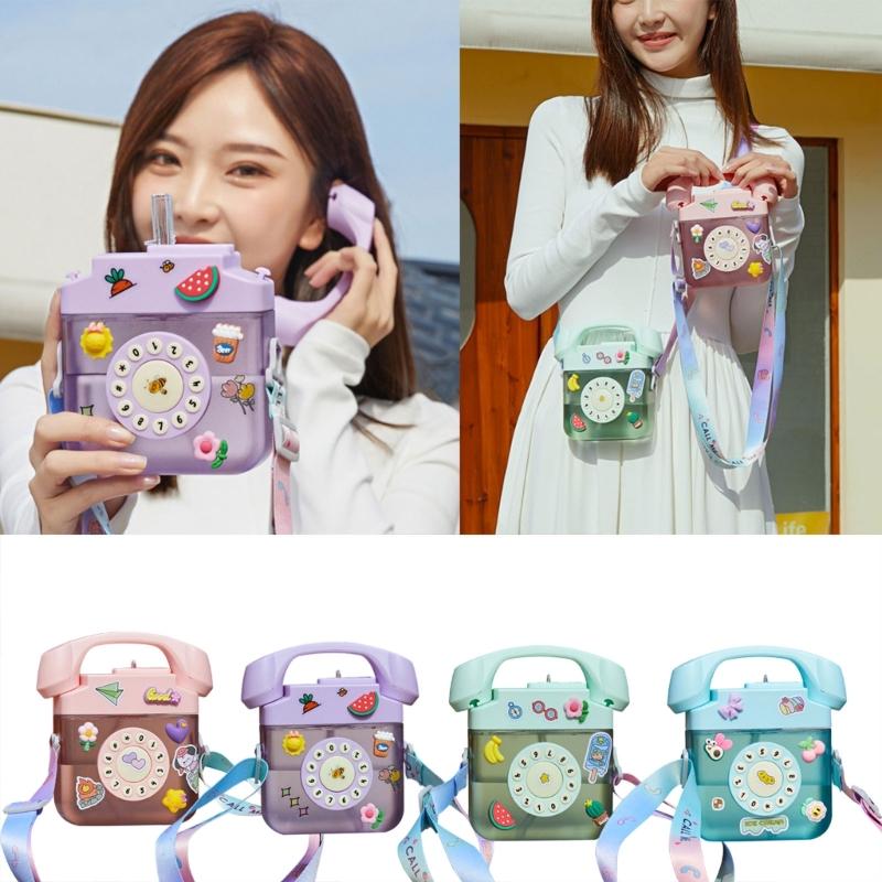 Tragbare Plastik-Trinkflasche Ästhetische Wasserflasche Telefonförmige Wasserflasche mit Strohhalm Wasserflasche mit Tragegurt