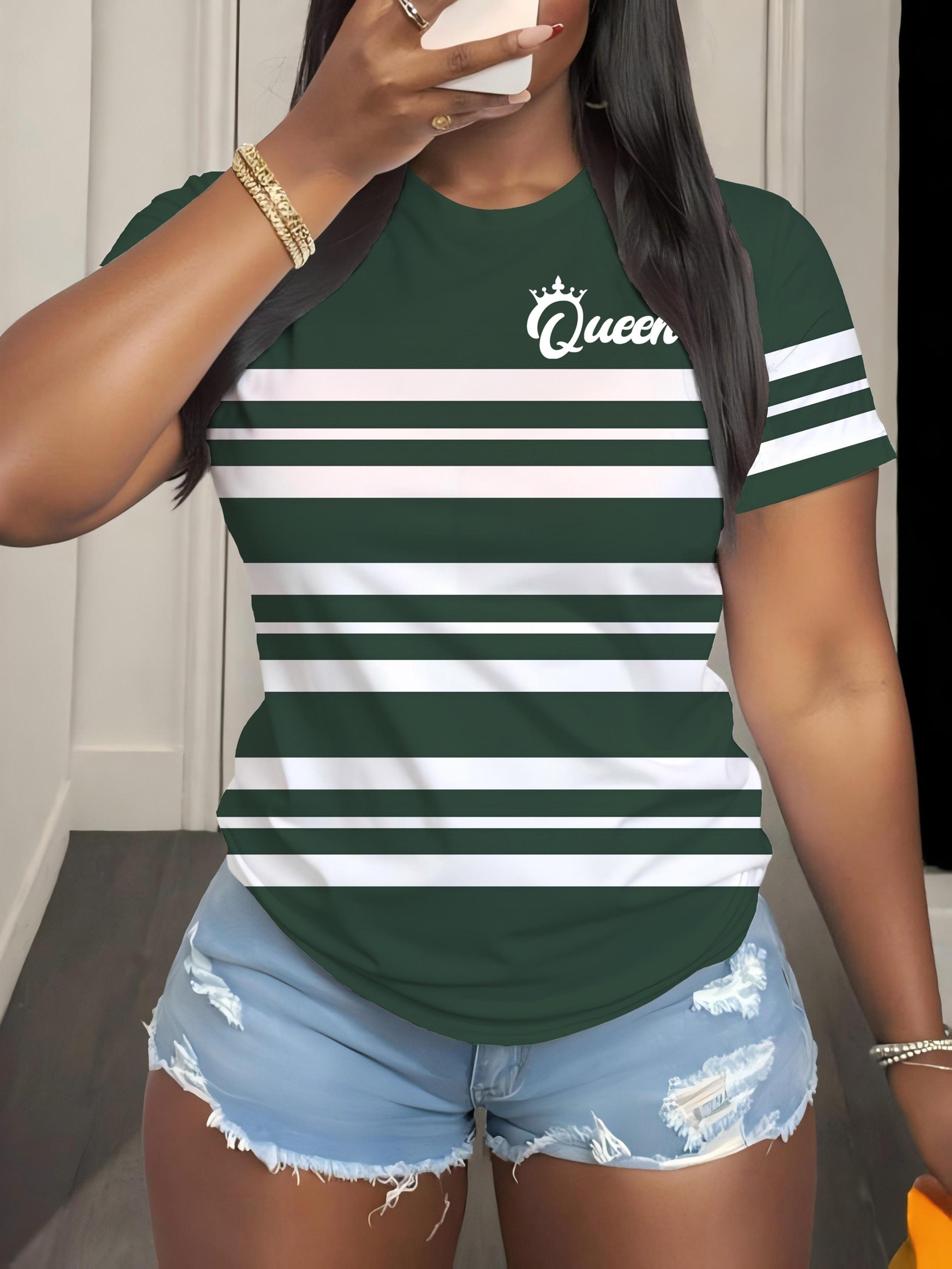 

[Printed Design - Not Textured][Exclusive for Women]Dark Green and White Contrast Stripe Queen Letter Print Short Sleeve T-Shirt. Retro Hot Ins Style S дубильная кора