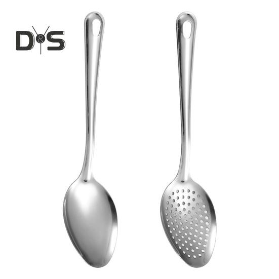 

Набор из 2 ложек-шумовок с длинной ручкой из нержавеющей стали, сервировочные ложки 10 дюймов, цельная ложка и ложка-шумовка, нержавеющая кухонная посуда для шведского стола 2pcs