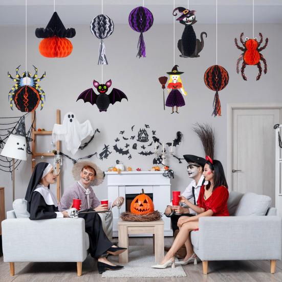 Honeycomb Halloween Hanging Decorations Ghost Spider Pumpkin Witch Bat Paper Honeycomb Centerpieces for Indoor Window Haunted House Decor