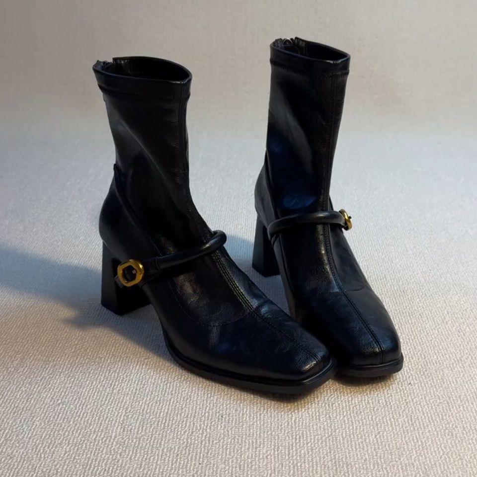 2025 new sweet and cool temperament thin square head high heel short boots women's design sense rear zipper elastic thin boots