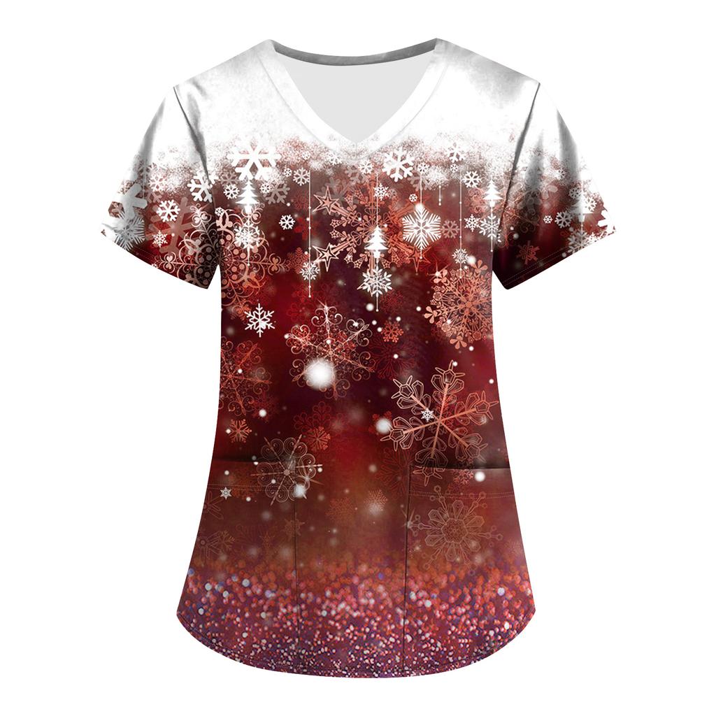 Plus SizePrinted Scrub Working Uniform Tops For Women's Cross V-Neck Print Short Sleeve Fun T-Shirts Workwear Tee With Pockets