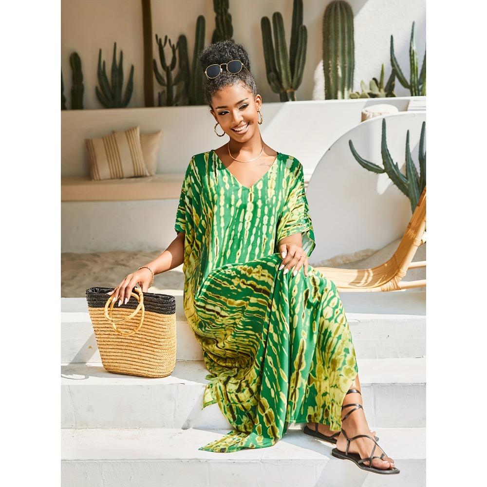 Plus Size Boho Cover Up, Women's Plus Tie Dye Striped V Neck Bat Sleeve Split Beach Cover Up Dress