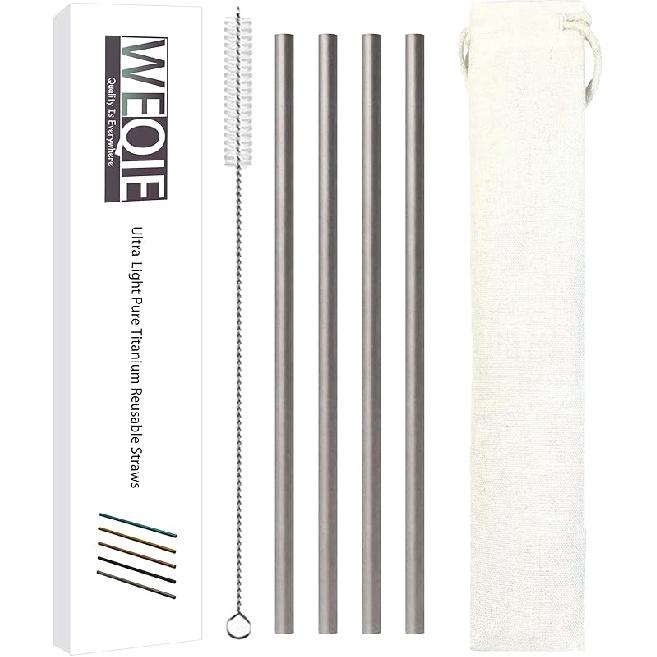 Pure Titanium Reusable Straws with Silicone Tips,Travel Case & Cleaning Brush,BPA Free & Eco Friendly,Dishwasher Safe,Fits 20-30oz Tumblers (Titanium