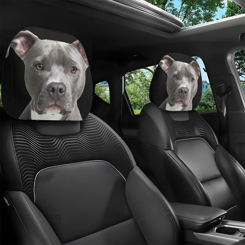 Car Headrest Covers With Grey Pit Bull Dog Print For Car Interior