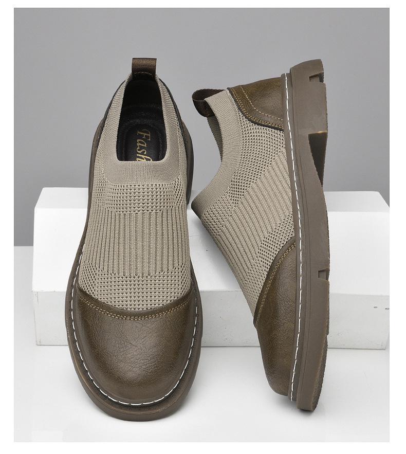 Men's Breathable Knit Mesh Slip-on Loafers - Spring/Summer Casual Low-top, Patchwork Design, Hidden Height Boost, Leather Details