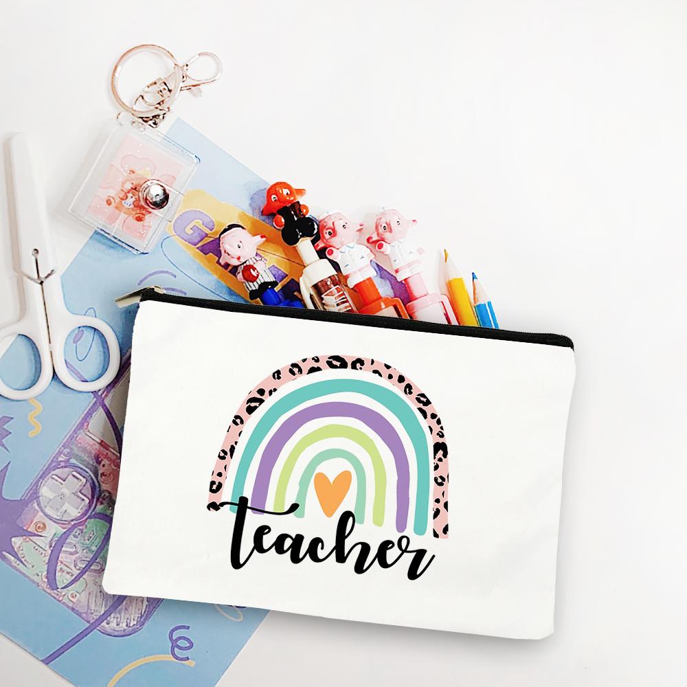 Blessed Teacher Life Leopard Makeup Bags Student White Pencil Pouch Teacher Shopping Handbag Storage Bag Teachers' Day Best Gift