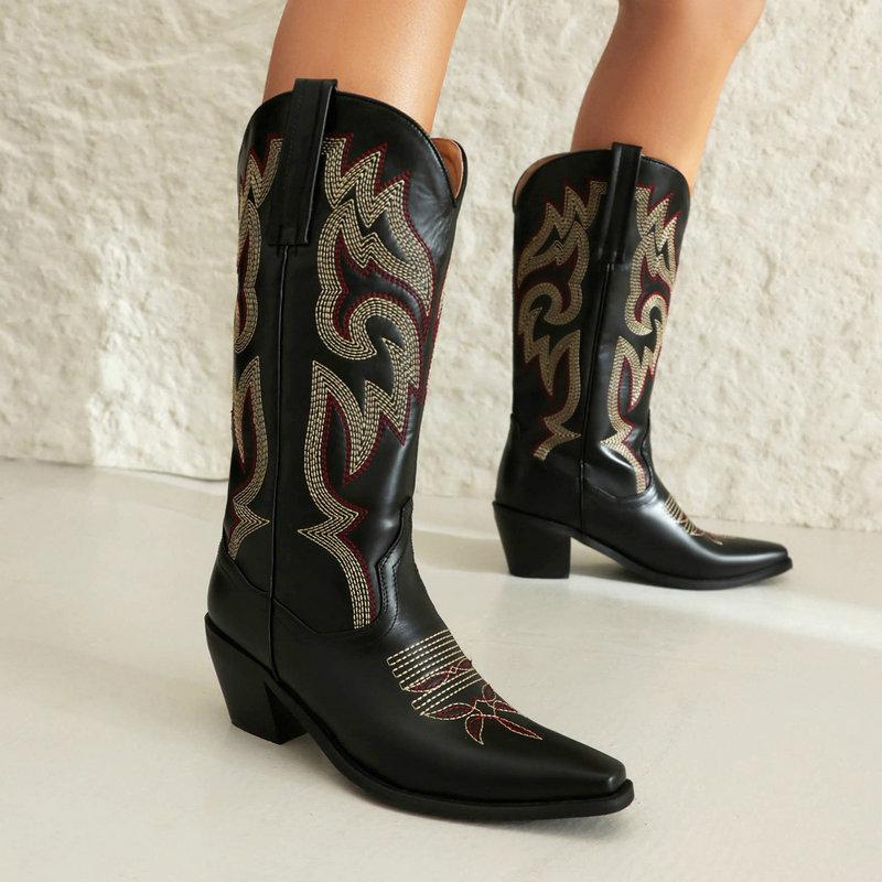 IPPEUM Western Cowboy Boots For Women Red Knee High Wide Calf Cowgirl Boots Embroidered White Pointed Toe Chunky Heel Shoes