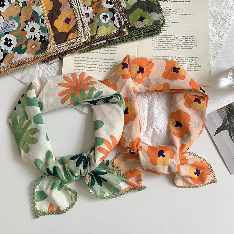 Silk Scarf Square Scarf High Sense Spring and Summer Versatile Floral Scarf Small Fresh Decorative Headscarf Summer Women's Pastoral Silk Scarf