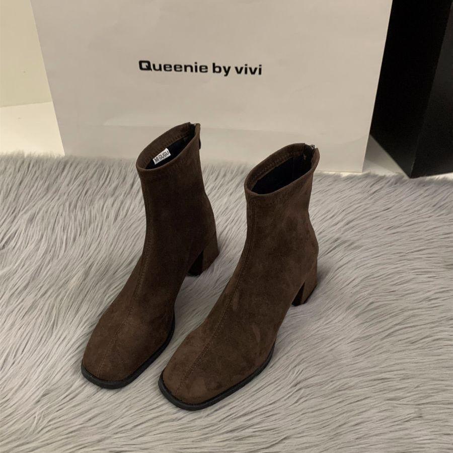 Women Ankle Boots 2026 Autumn Zipper Comfortable Short Boots Retro Fashion New Square Toe High Heel Shoes Women Botas De Mujer