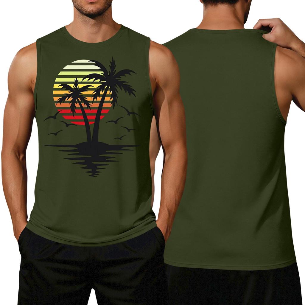 Men's Loose Fit Casual Sleeveless Tank Top Palm Tree Graphic Print Summer Beachwear Muscle Shirt