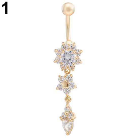 Sexy Women Flower Rhinestone Dangle Bar Barbell Belly Button Ring Body Piercing