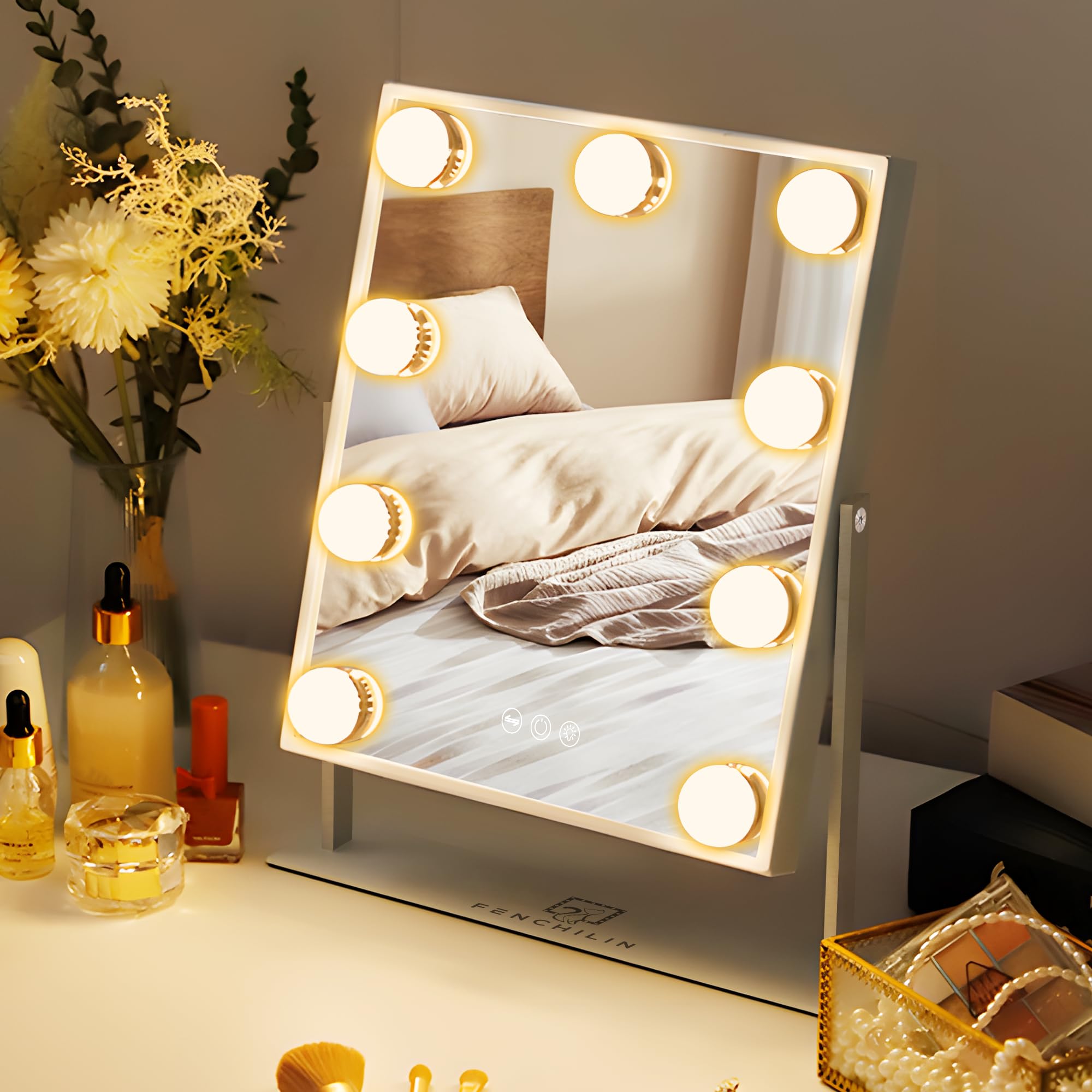 

FENCHILIN Actress Tabletop Hollywood Mirror with Makeup Mirror with 9 LED Three Color Lighting Adjustable 10x Memory Mirror, Lighting, Bulbs, Modes,