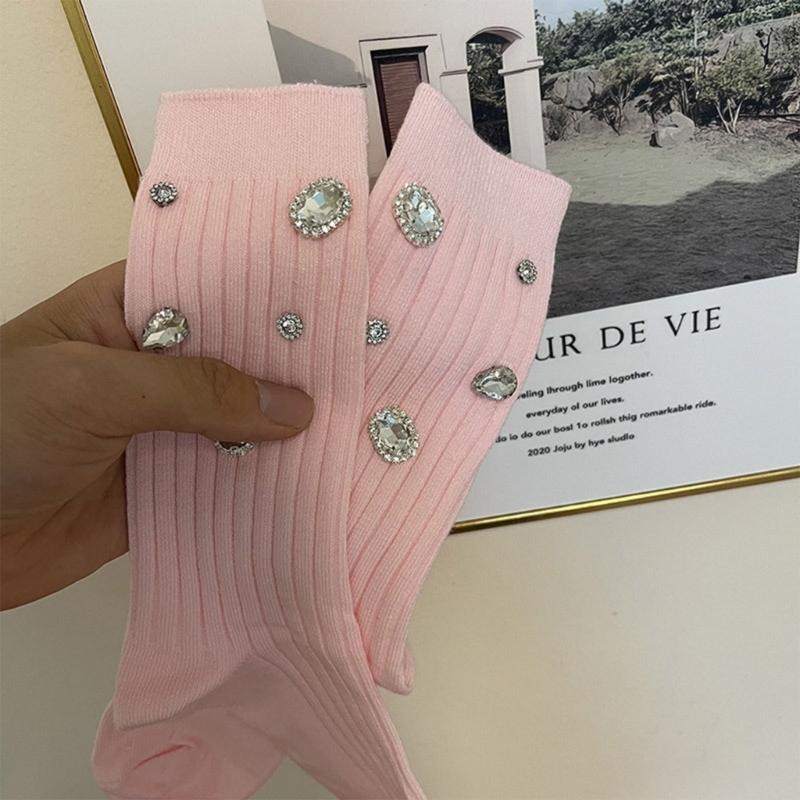 Womens Ribbed Crew Socks, Thin Comfort Breathable Rhinestone Socks, Above Ankle Crew Socks for Womens Schoold Girl
