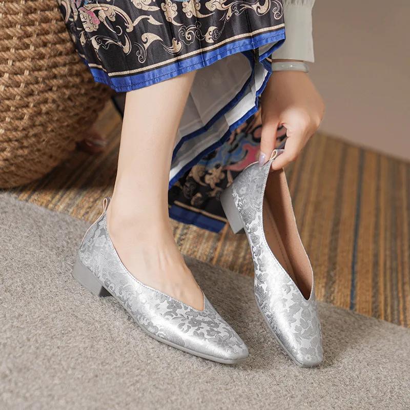 Woman Fashion Summer Square Toe Gold Green Flats Elegant Female Printing Texture Casual Buckle Mary Jane Shoes Big Size 34-43