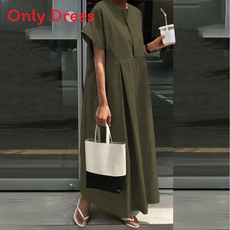 Cotton Linen Casual Long Dress With Round Neck And Short Sleeves For Summer Wear