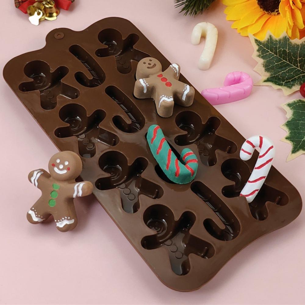 3 Cavity Gingerbread Man Chocolate Silicone Mold Walking Stick Candy Biscuit Making Christmas Ice Tray Cake Decor Baking Tool
