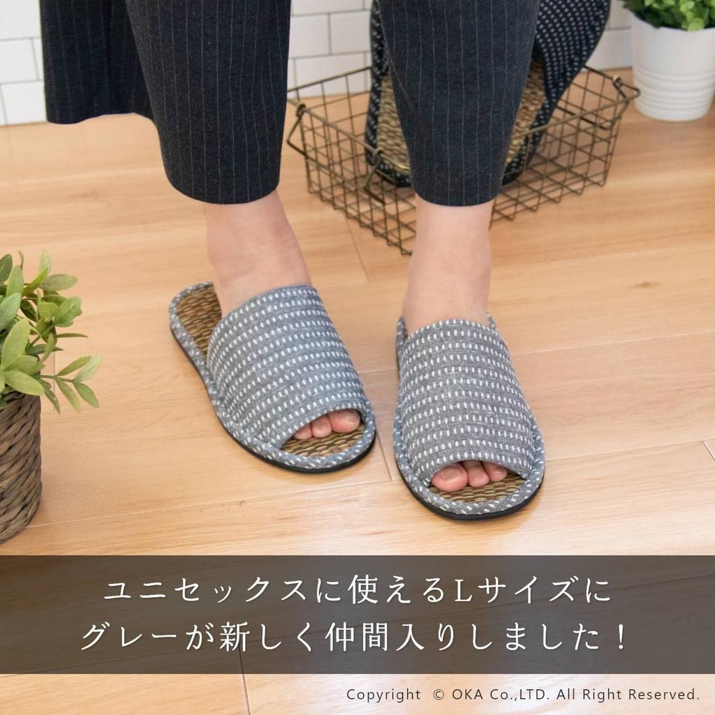 Oka Made in Japan Kurume Woven Tatami Size Gray Slippers, L,