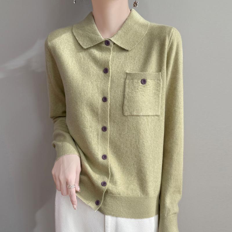 Women's Autumn Lapel Pocket Wool Cardigan – Long Sleeve Solid Color Knit Outerwear