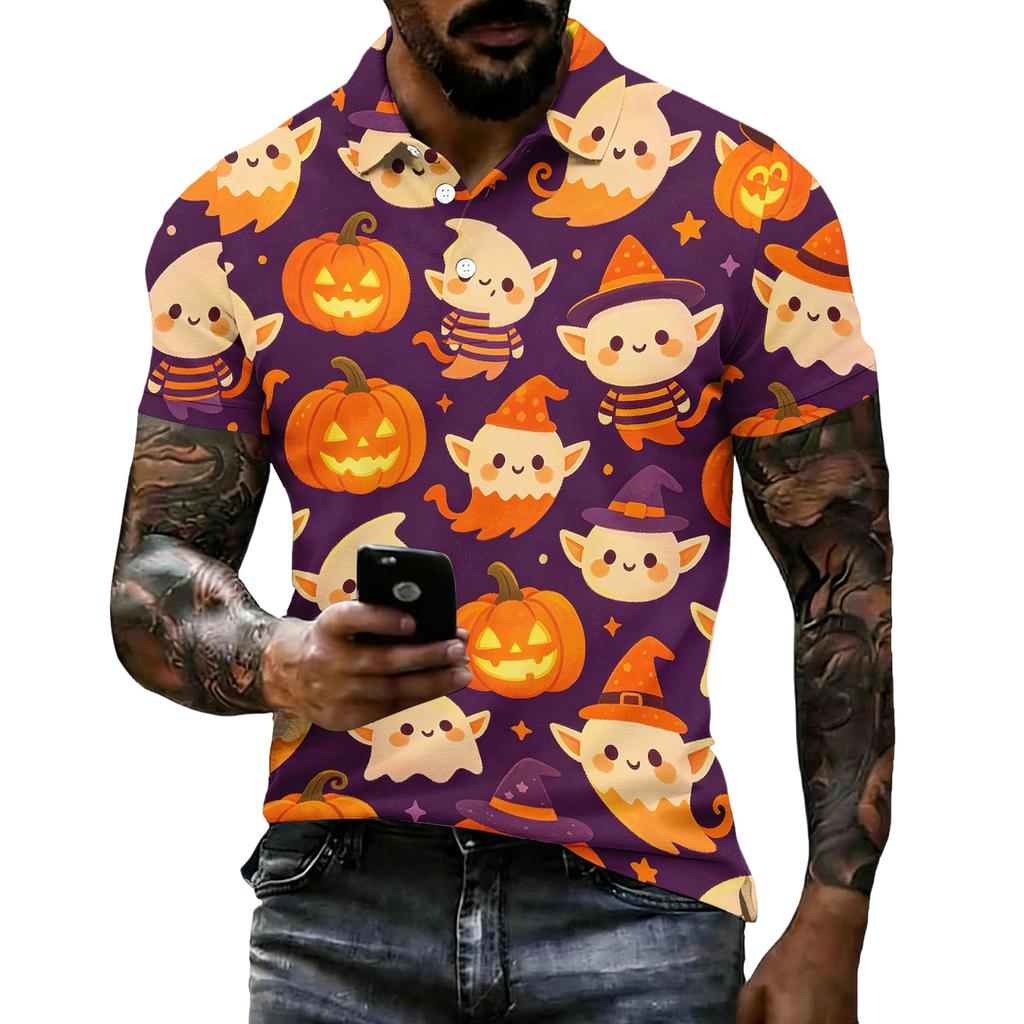 Unisex Loose Fit Casual Short Sleeve Polo Shirt with Halloween Themed Print Pullover Design for Everyday Wear