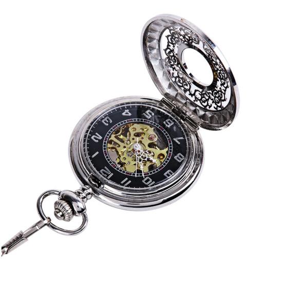 Retro Unisex Hollow Flower Round Dial Hand Winding Chain Mechanical Pocket Watch