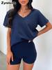Short Sleeve Spring Summer New V-Neck Casual Temperament Solid Color Fashion Set Women