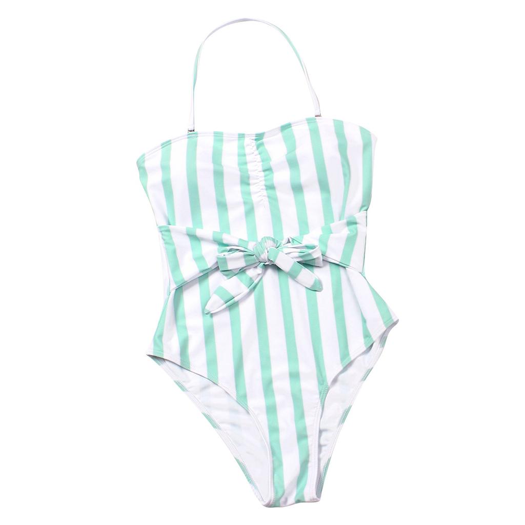 Women One Piece Swimsuit Strapless Bandeau Tie Front Ruched Detail High Cut Leg Swimwear Bathing Suit