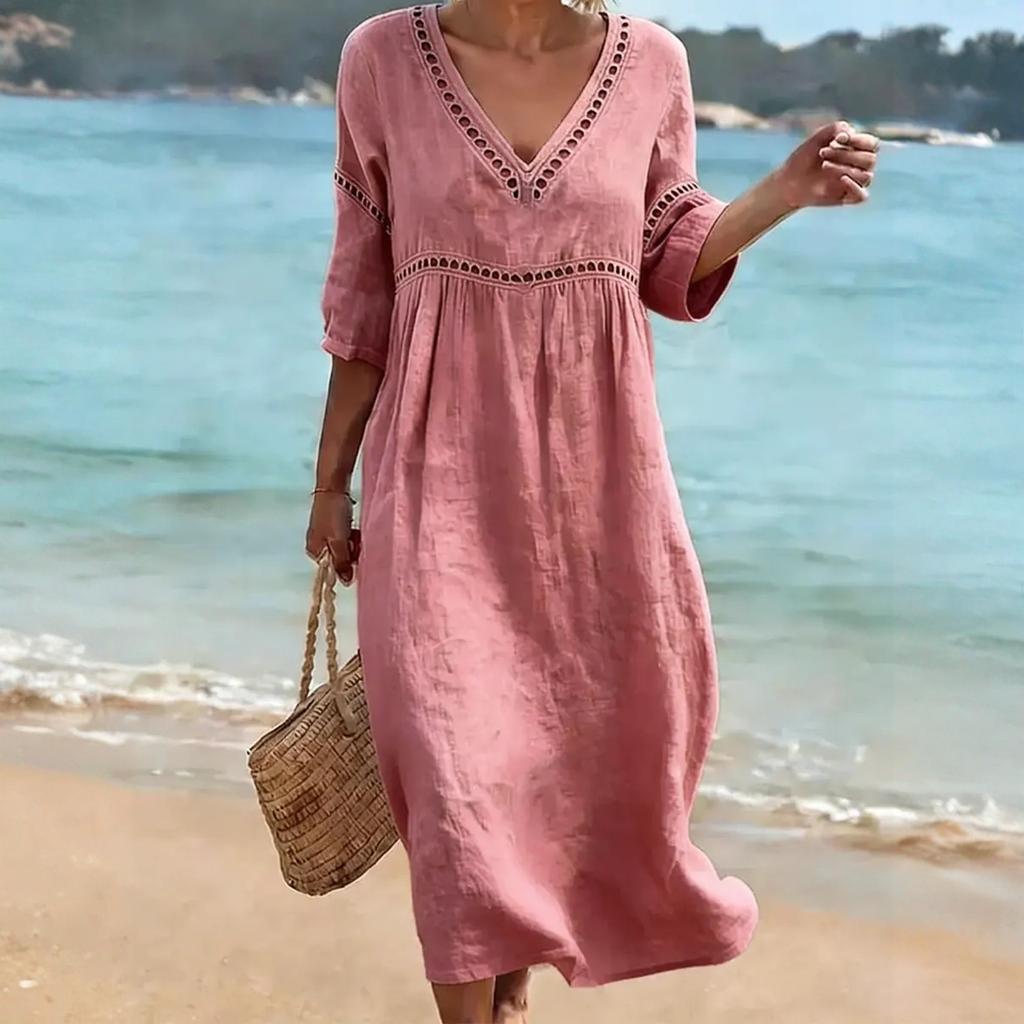Women's Fashionable Casual V-Neck -Color Beach Dress: Loose-Fitting Openwork Dress